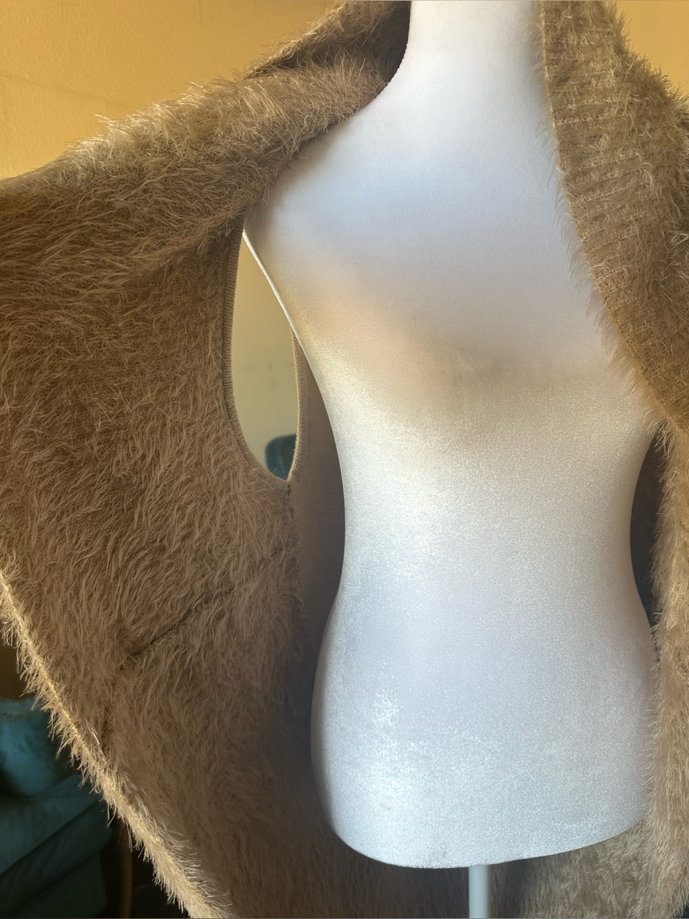 Sunny Taylor Faux Fur Eyelash Knit Open Front Vest Beige XL
